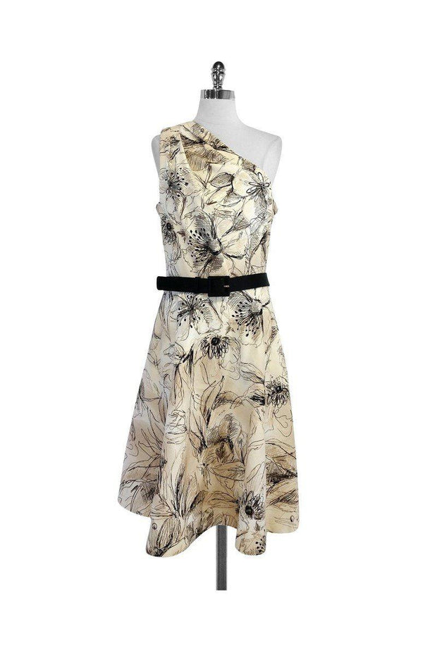 Current Boutique-St. John - Tan & Black Floral Print Cotton One Shoulder Dress Sz 14