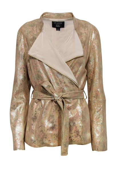 Current Boutique-St. John - Tan & Gold Suede Crackled Snakeskin Pattern Jacket Sz 10