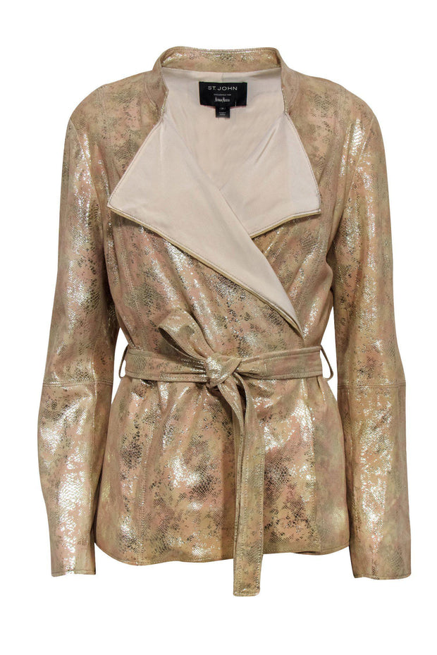 Current Boutique-St. John - Tan & Gold Suede Crackled Snakeskin Pattern Jacket Sz 10