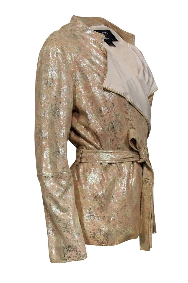 Current Boutique-St. John - Tan & Gold Suede Crackled Snakeskin Pattern Jacket Sz 10