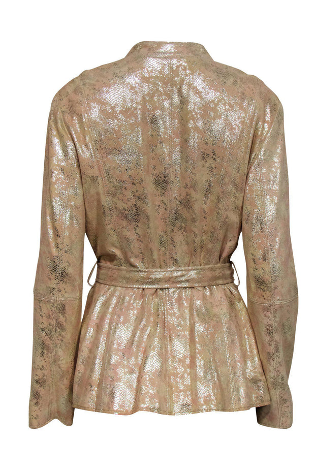 Current Boutique-St. John - Tan & Gold Suede Crackled Snakeskin Pattern Jacket Sz 10