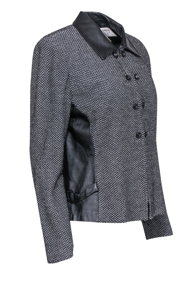 Current Boutique-St. John - Black & White Textured Knit Jacket w/ Leather Details Sz 14