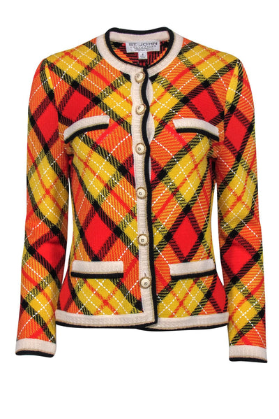 Current Boutique-St. John Collection – Yellow & Orange Plaid Knit Jacket w/ Decorative Buttons Sz 4