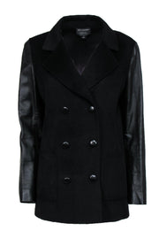 Current Boutique-St. John - Black Double Breasted Wool Blend Jacket w/ Leather Sleeves Sz 8