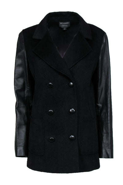 Current Boutique-St. John - Black Double Breasted Wool Blend Jacket w/ Leather Sleeves Sz 8