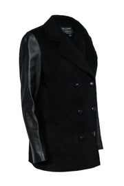 Current Boutique-St. John - Black Double Breasted Wool Blend Jacket w/ Leather Sleeves Sz 8