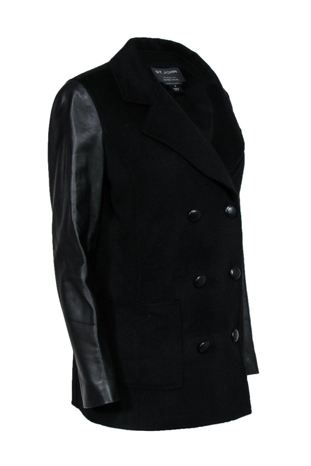 Current Boutique-St. John - Black Double Breasted Wool Blend Jacket w/ Leather Sleeves Sz 8