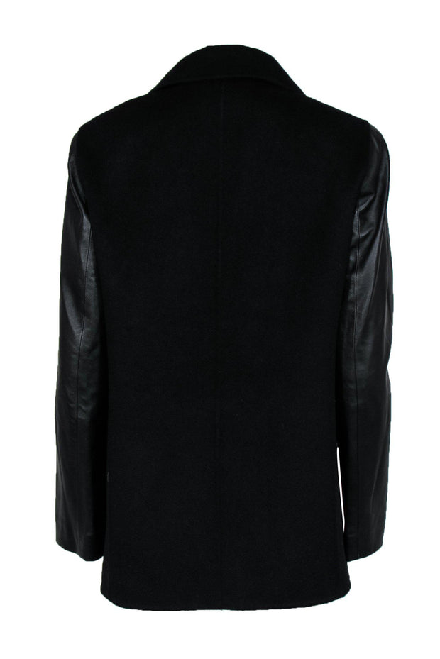 Current Boutique-St. John - Black Double Breasted Wool Blend Jacket w/ Leather Sleeves Sz 8