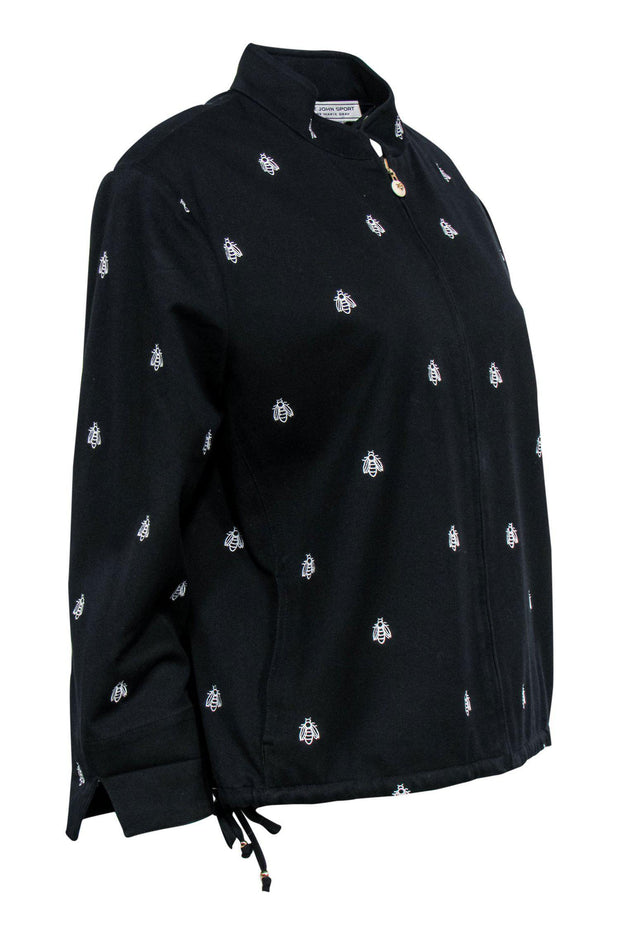 Current Boutique-St. John Sport - Black Bee Embroidered Zip-Up Jacket Sz L