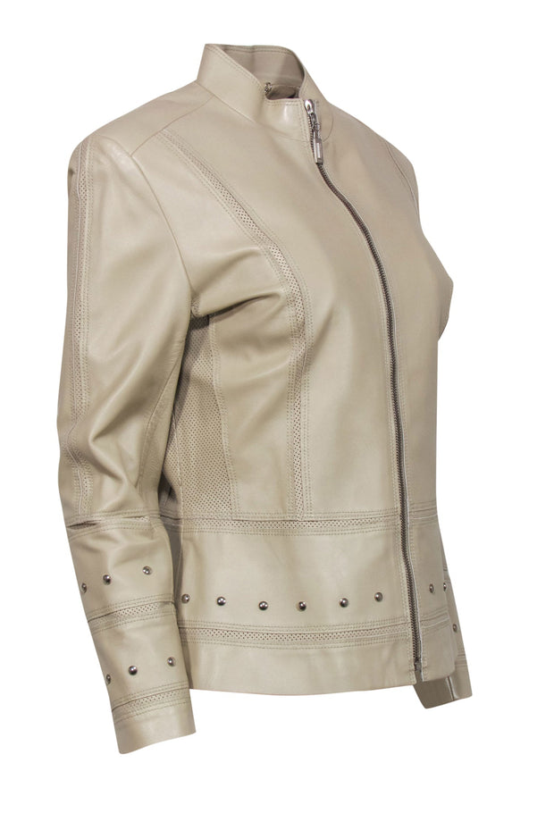 Current Boutique-St. John - Beige Zip-Up Leather Jacket w/ Studs & Laser Cut Trim Sz M