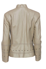 Current Boutique-St. John - Beige Zip-Up Leather Jacket w/ Studs & Laser Cut Trim Sz M