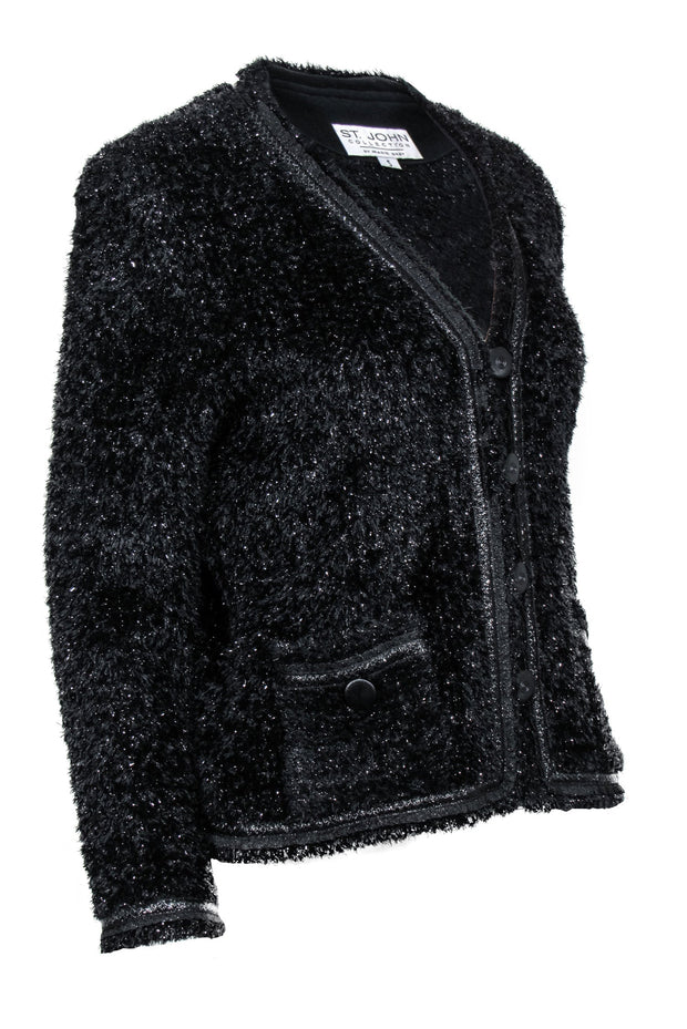 Current Boutique-St. John - Black Sparkly Tinsel Snap & Button-Up Wool Blend Knit Jacket Sz S