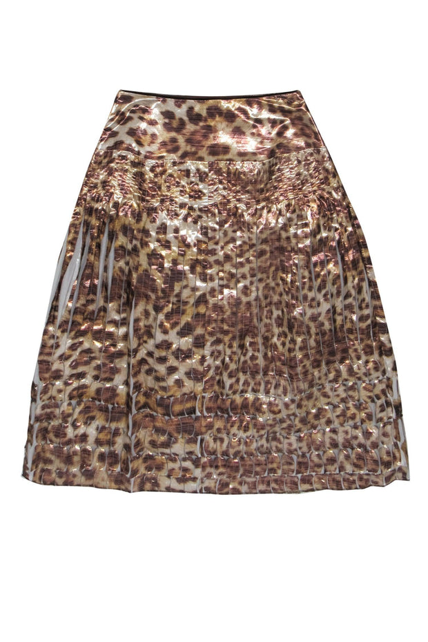 Current Boutique-St. John - Brown & Beige Metallic Leopard Print Pleated Midi Skirt Sz 4