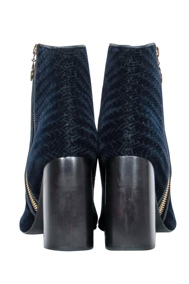 Current Boutique-Stella McCartney - Navy Velvet Woven Block Heel Ankle Booties Sz 8