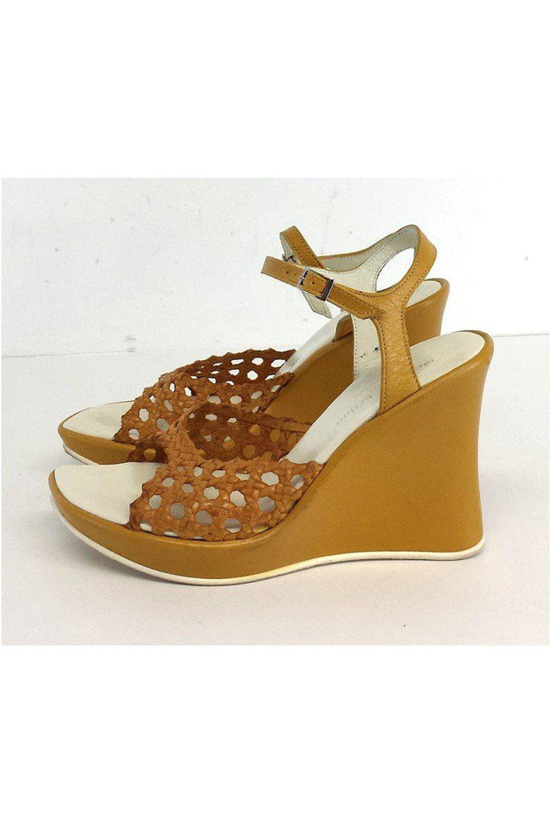 Current Boutique-Stephane Kelian - Gold Woven Cut Out Leather Wedges Sz 7