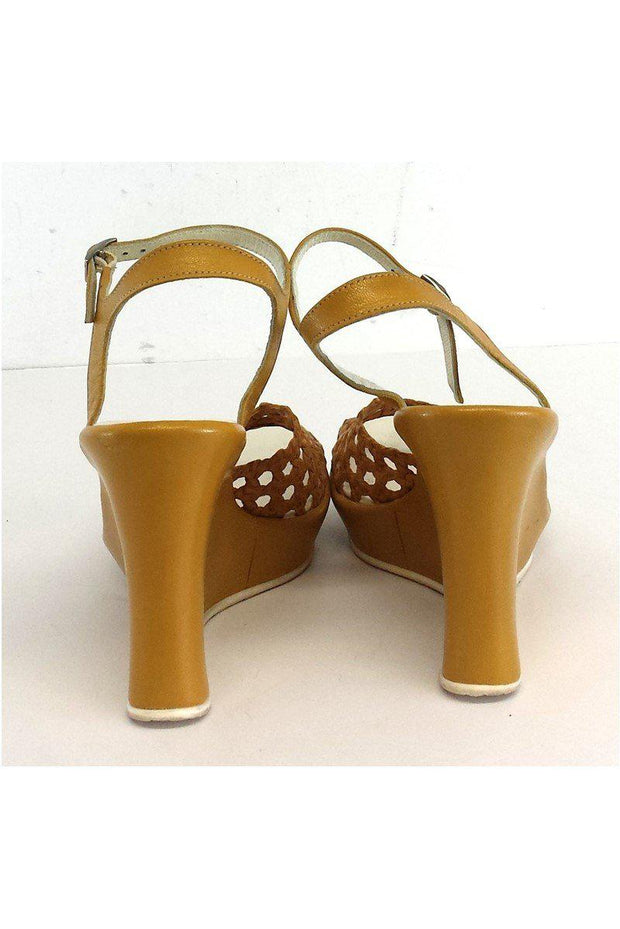 Current Boutique-Stephane Kelian - Gold Woven Cut Out Leather Wedges Sz 7