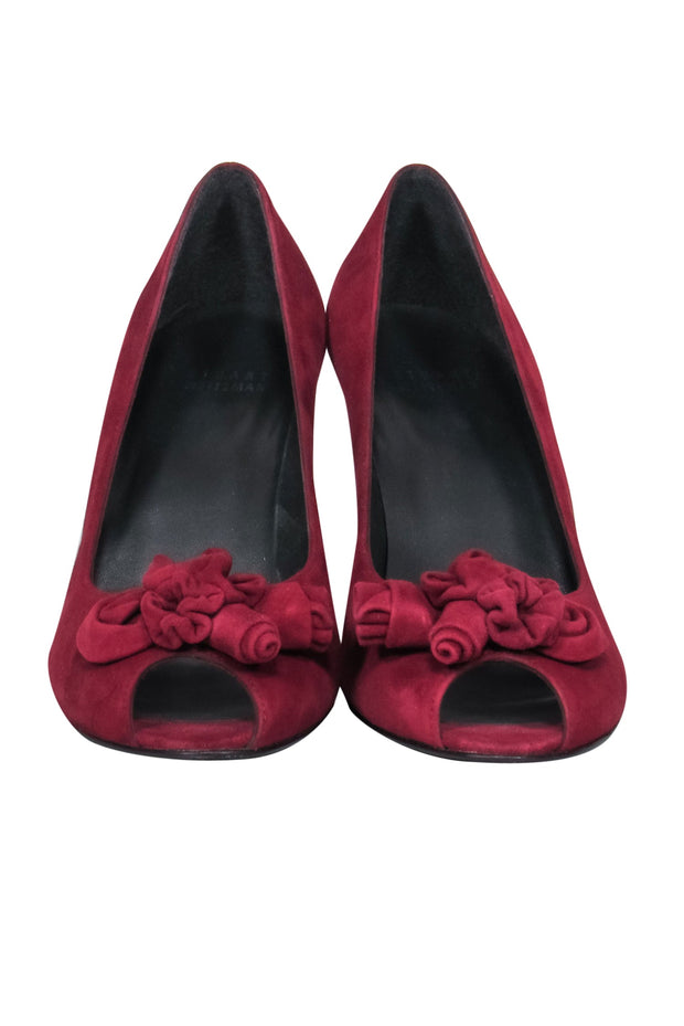 Current Boutique-Stuart Weitzman - Burgundy Suede Peep Toe Pumps w/ Knotted Rose Design Sz 9