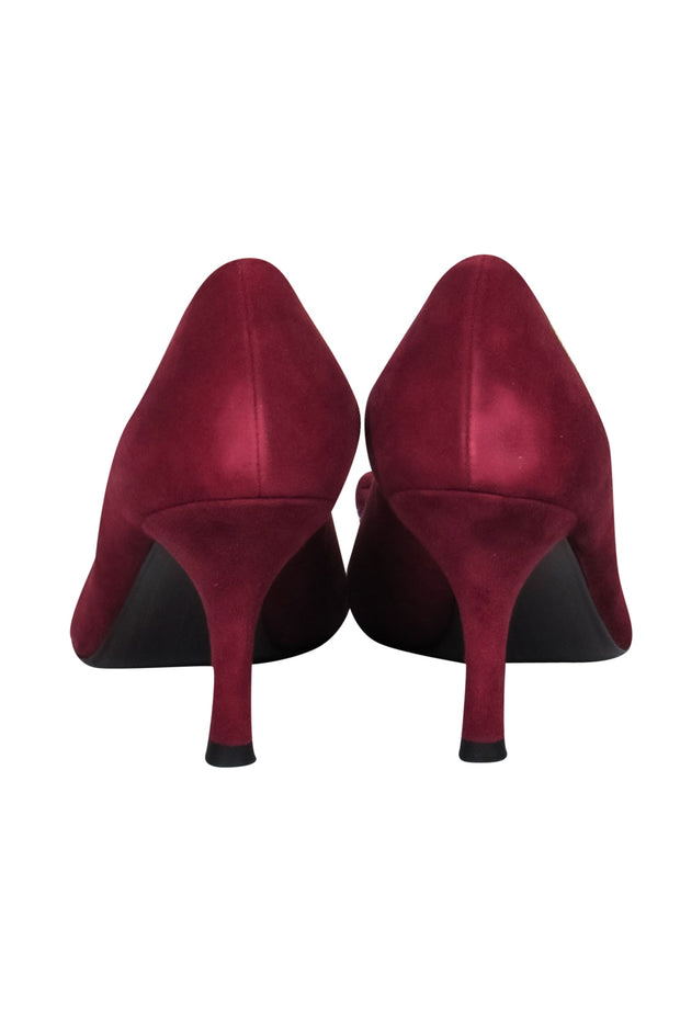 Current Boutique-Stuart Weitzman - Burgundy Suede Peep Toe Pumps w/ Knotted Rose Design Sz 9