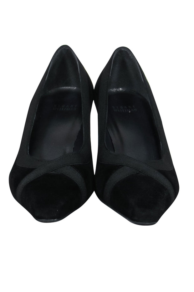 Current Boutique-Stuart Weitzman - Black Suede Pointed Toe Pumps w/ Ribbon Trim Sz 9.5