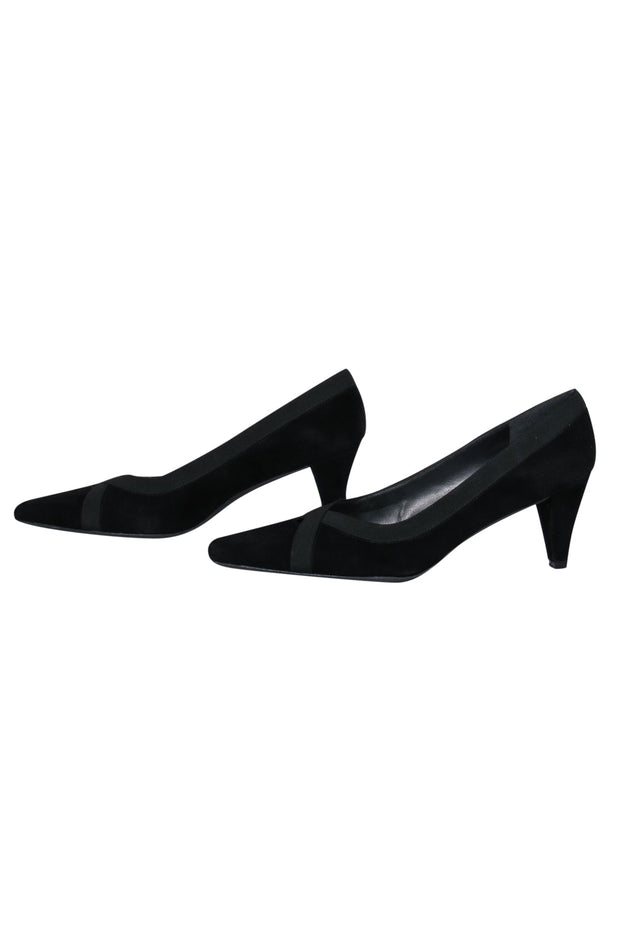Current Boutique-Stuart Weitzman - Black Suede Pointed Toe Pumps w/ Ribbon Trim Sz 9.5