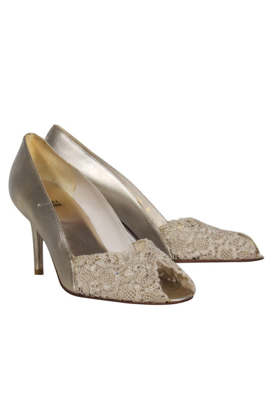 Current Boutique-Stuart Weitzman - Champagne Metallic Leather Peep Toe Pumps w/ Lace Sz 10