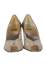 Current Boutique-Stuart Weitzman - Champagne Metallic Leather Peep Toe Pumps w/ Lace Sz 10
