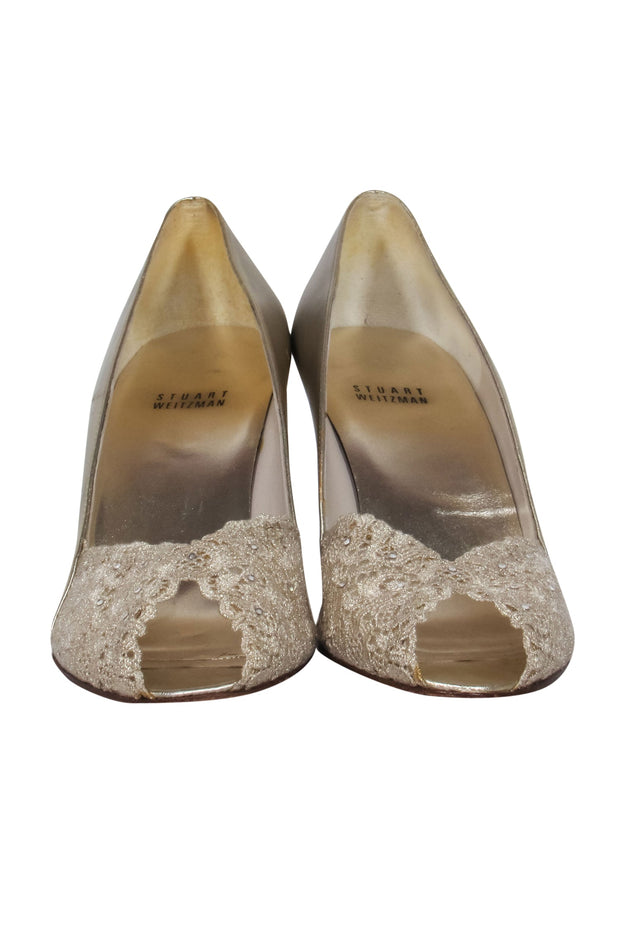 Current Boutique-Stuart Weitzman - Champagne Metallic Leather Peep Toe Pumps w/ Lace Sz 10