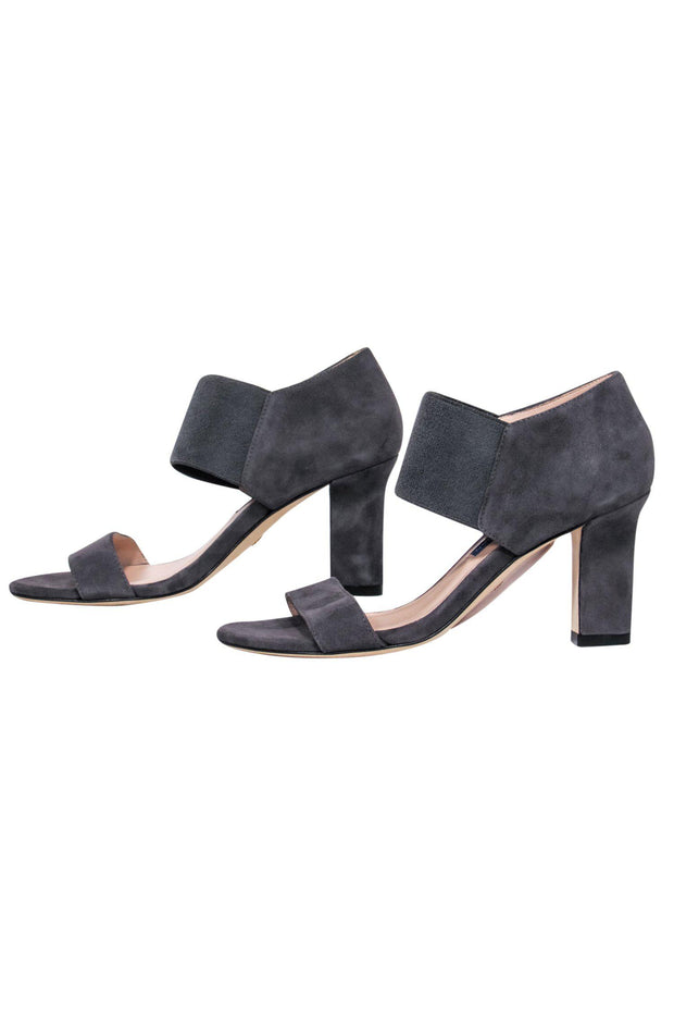 Current Boutique-Stuart Weitzman - Grey Suede Open Toe Pumps w/ Elastic Strap Sz 4