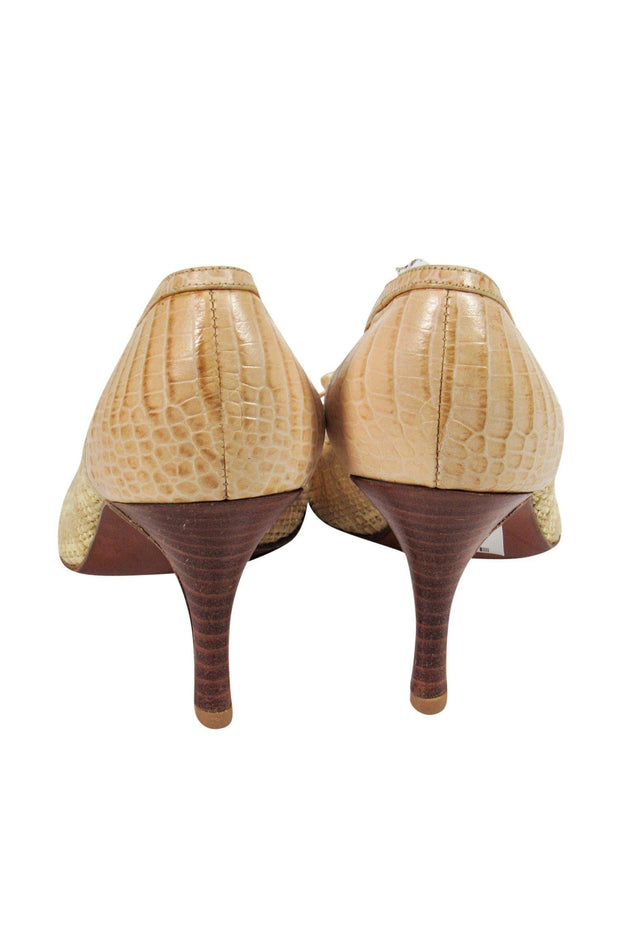 Current Boutique-Stuart Weitzman - Tan Wicker Woven Peep-Toe Pumps Sz 8.5