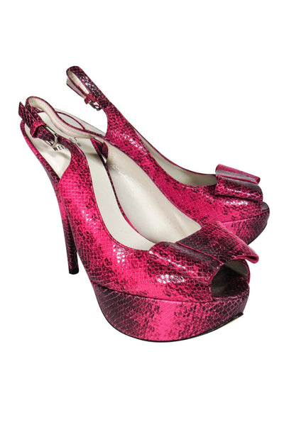 Current Boutique-Stuart Weitzman - Fuchsia Snakeskin Platform Heels w/ Bows Sz 9.5