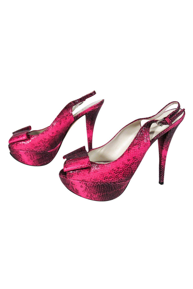 Current Boutique-Stuart Weitzman - Fuchsia Snakeskin Platform Heels w/ Bows Sz 9.5