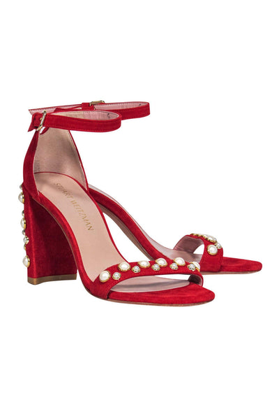 Current Boutique-Stuart Weitzman - Red Suede Strappy Pumps w/ Pearl Embellishments Sz 7.5