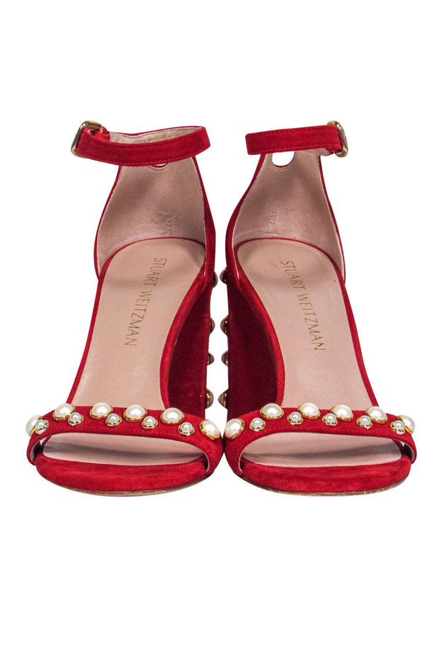 Current Boutique-Stuart Weitzman - Red Suede Strappy Pumps w/ Pearl Embellishments Sz 7.5