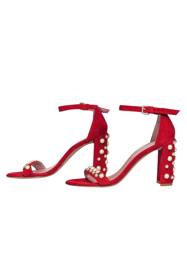Current Boutique-Stuart Weitzman - Red Suede Strappy Pumps w/ Pearl Embellishments Sz 7.5