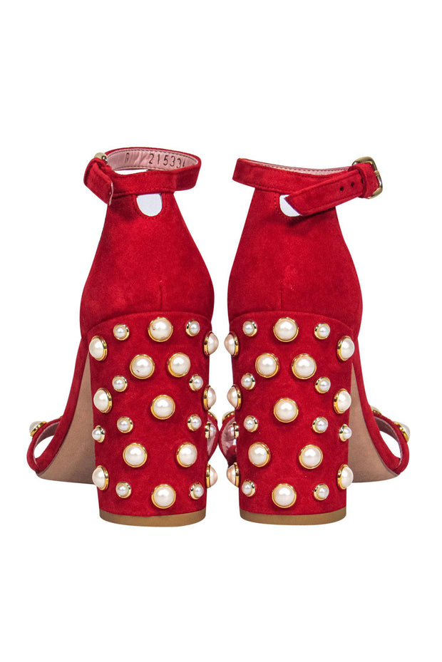 Current Boutique-Stuart Weitzman - Red Suede Strappy Pumps w/ Pearl Embellishments Sz 7.5