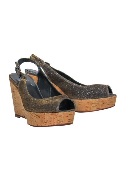 Current Boutique-Stuart Weitzman - Silver Sparkly Peep Toe Slingback Cork Platform “Jean” Wedges Sz 8.5