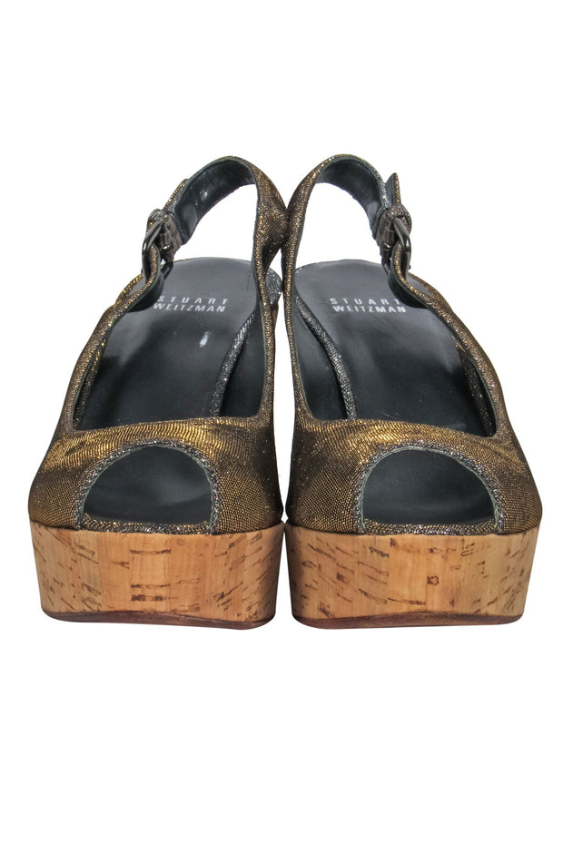 Current Boutique-Stuart Weitzman - Silver Sparkly Peep Toe Slingback Cork Platform “Jean” Wedges Sz 8.5