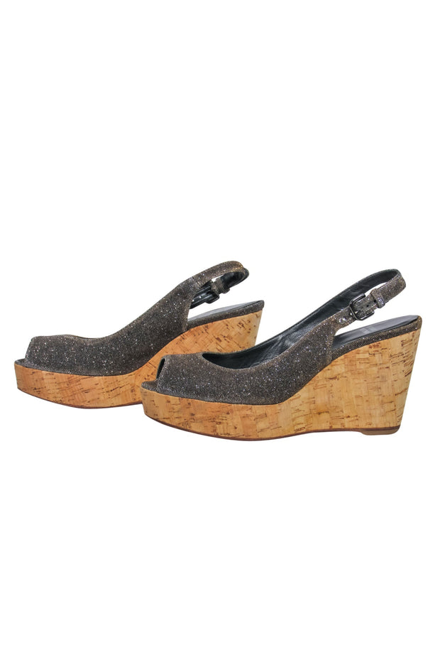 Current Boutique-Stuart Weitzman - Silver Sparkly Peep Toe Slingback Cork Platform “Jean” Wedges Sz 8.5