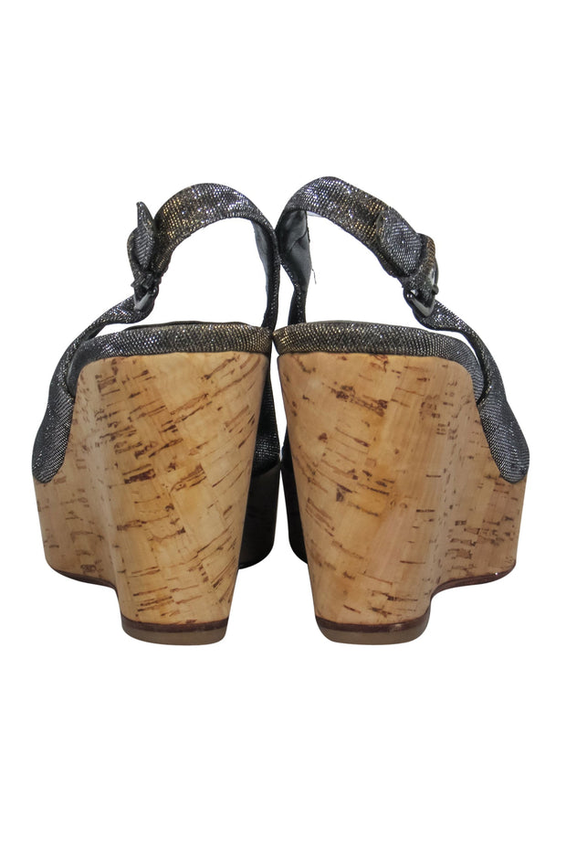 Current Boutique-Stuart Weitzman - Silver Sparkly Peep Toe Slingback Cork Platform “Jean” Wedges Sz 8.5