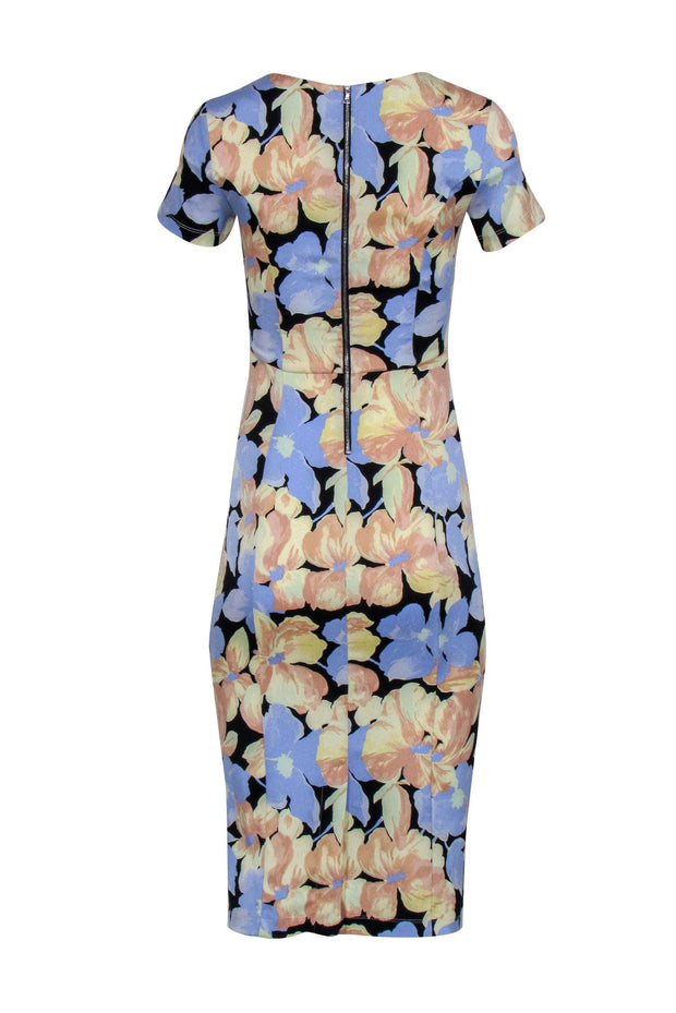 Current Boutique-Suno - Blue & Peach Pastel Floral Print Silk Midi Fitted Sheath Dress Sz 4