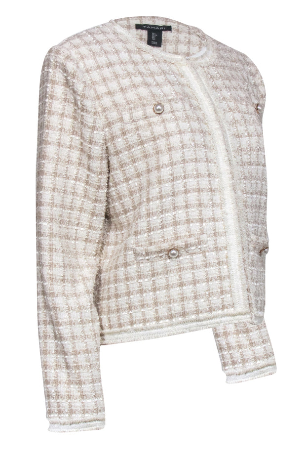 Current Boutique-Tahari - Taupe & Cream Tweed Blazer w/ Pearl Accent Sz L
