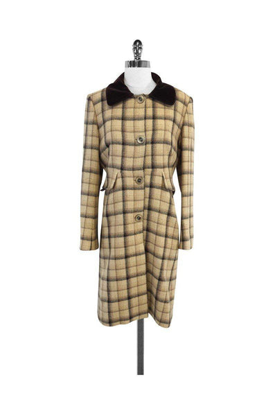 Current Boutique-Tara Jarmon - Cream & Brown Plaid Wool Coat Sz M