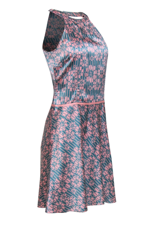 Current Boutique-Ted Baker - Teal & Pink Floral Satin A-Line Dress Sz 6