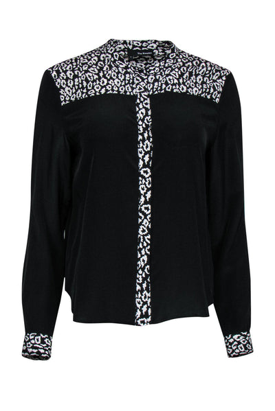 Current Boutique-The Kooples - Black Button-Up Silk Blouse w/ Leopard Print Trim Sz 2