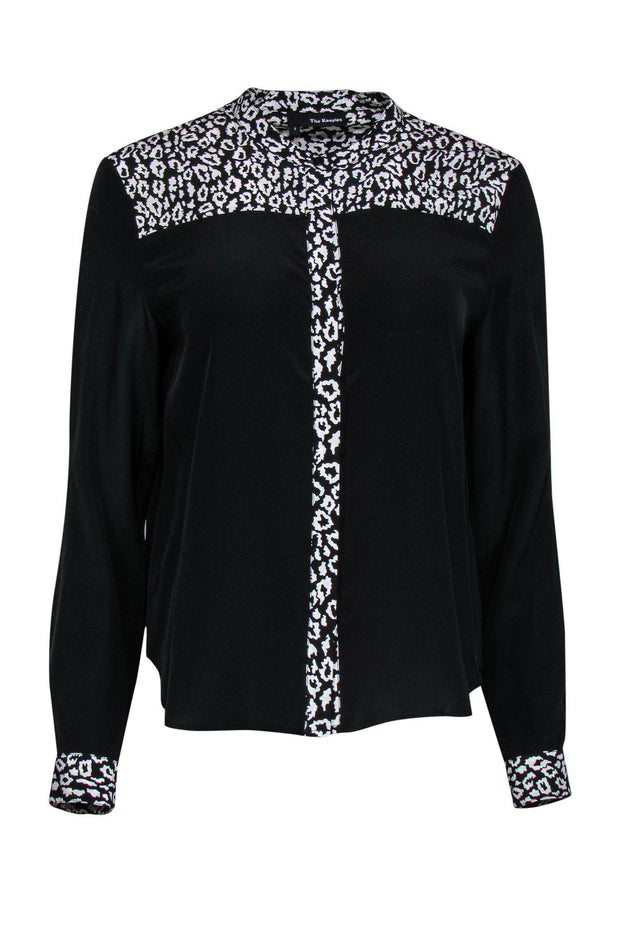 Current Boutique-The Kooples - Black Button-Up Silk Blouse w/ Leopard Print Trim Sz 2