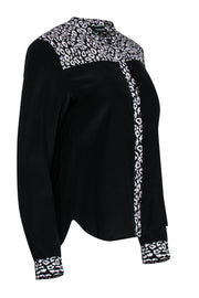 Current Boutique-The Kooples - Black Button-Up Silk Blouse w/ Leopard Print Trim Sz 2