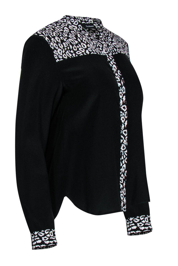 Current Boutique-The Kooples - Black Button-Up Silk Blouse w/ Leopard Print Trim Sz 2