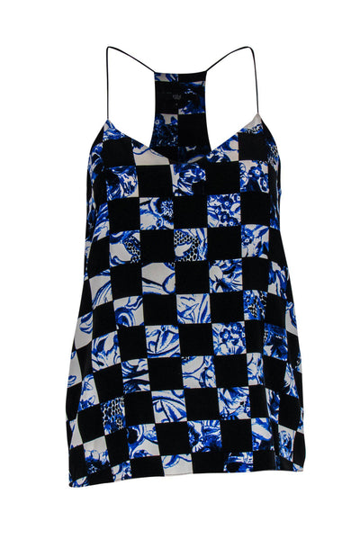Current Boutique-Tibi - Black & Blue Floral Checkerboard Silk Tank Sz 4