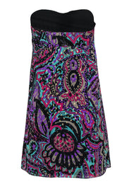 Current Boutique-Tibi - Blue & Multicolored Metallic Bohemian Print Strapless Empire Waist Dress Sz 2