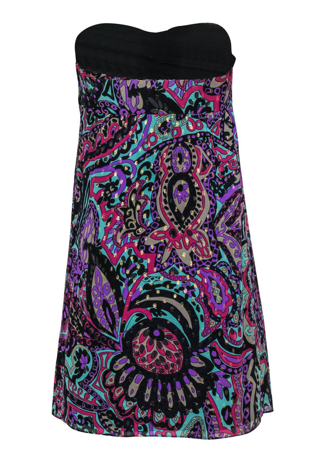 Current Boutique-Tibi - Blue & Multicolored Metallic Bohemian Print Strapless Empire Waist Dress Sz 2